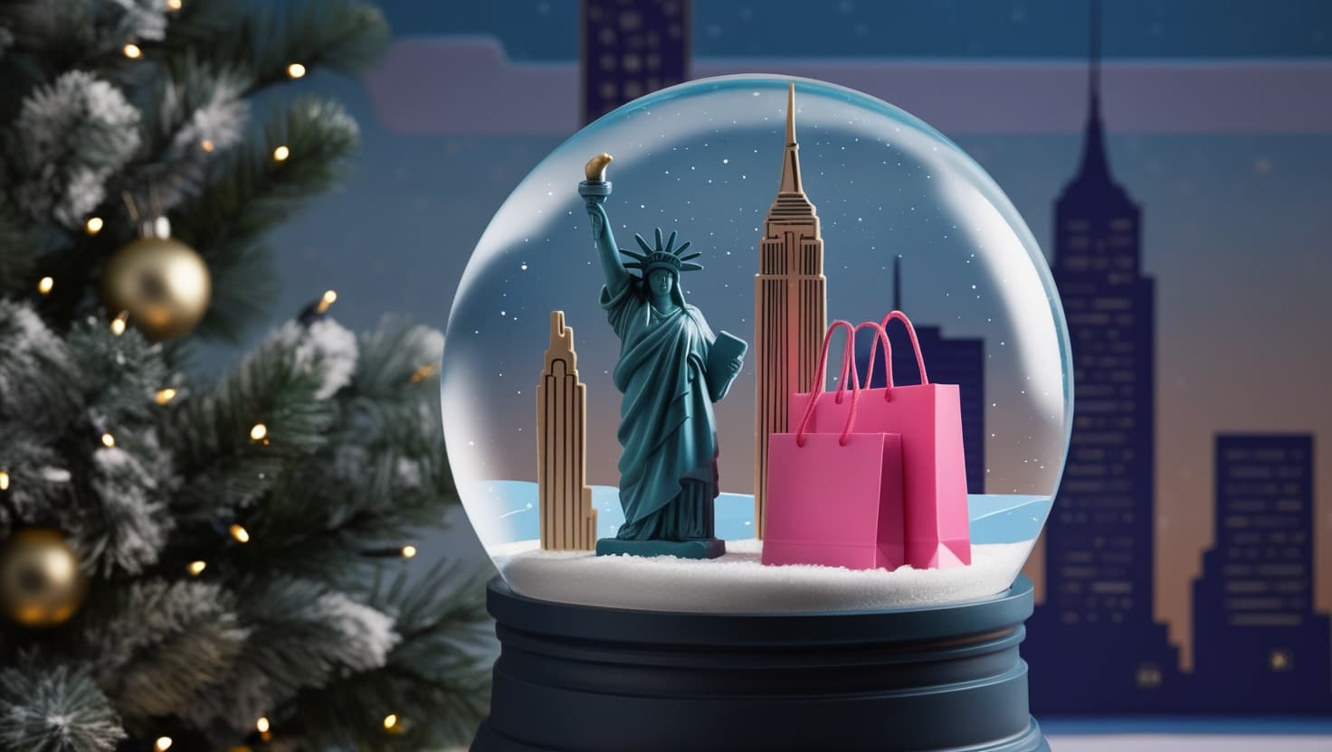 Schneekugel mit Freiheitsstatue und Einkaufstaschen
